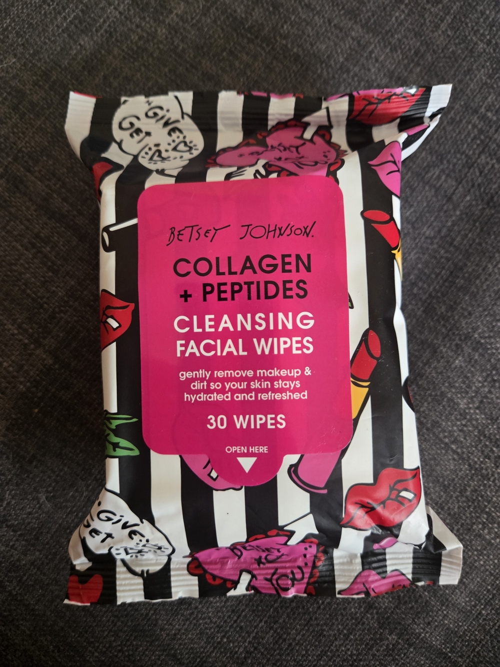 Betsey Johnson Pink & Black Striped Collagen + Peptides Cleansing Facial Wipes